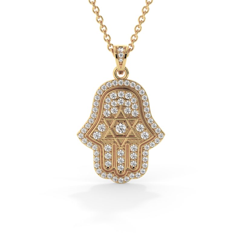 שרשרת חמסה משובצת יהלומים 0.90 קראט Hamsa - זהב צהוב - תמונה 2